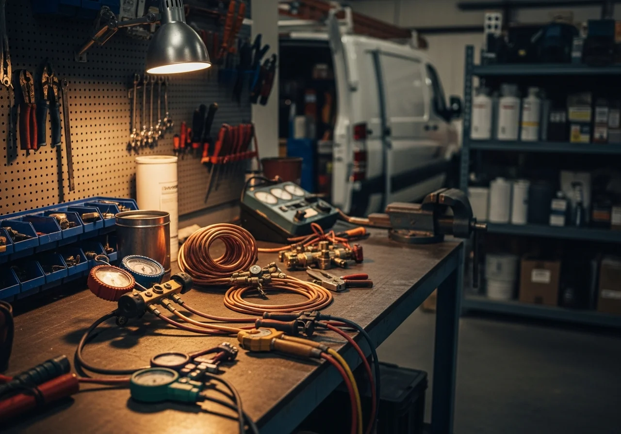 HVAC technician tools and equipment on a work bench, representing professional heating and cooling service.