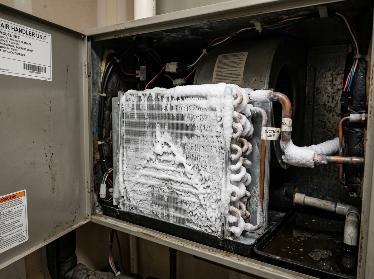 Technician inspecting a frosted evaporator coil inside an air handler cabinet