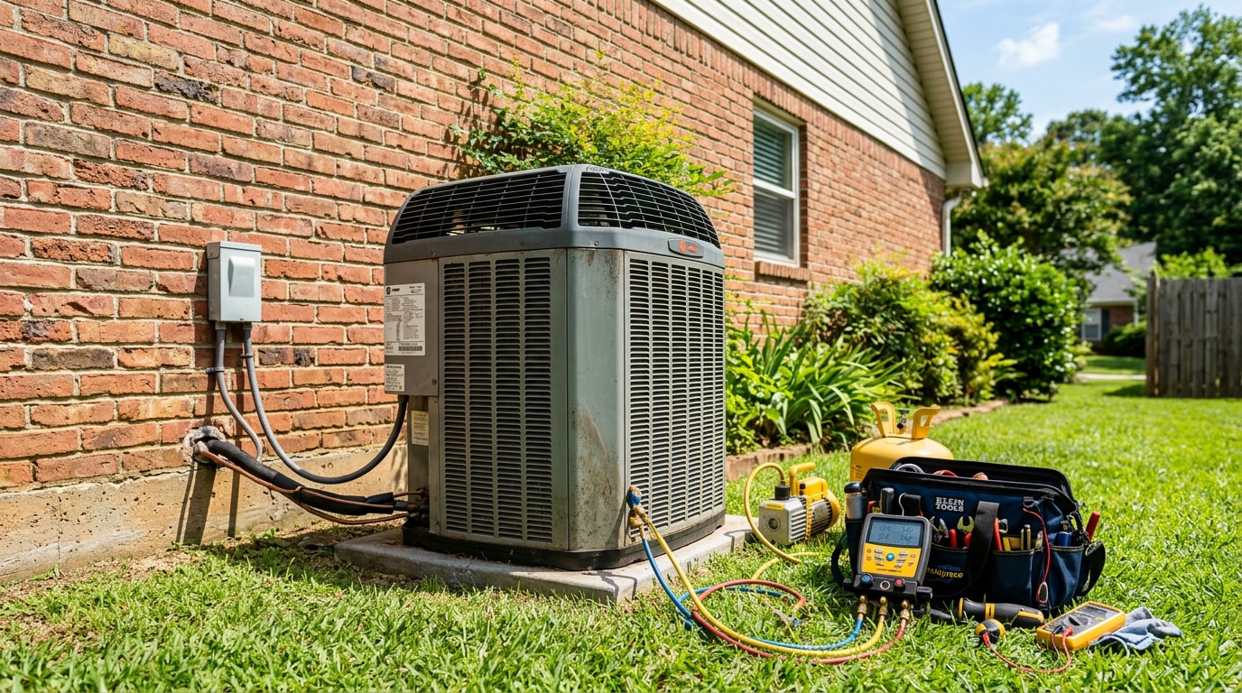 Outdoor AC condenser unit at a Thomasville, NC home with HVAC service tools nearby Outdoor AC condenser unit at a Thomasville, NC home with HVAC service tools nearby