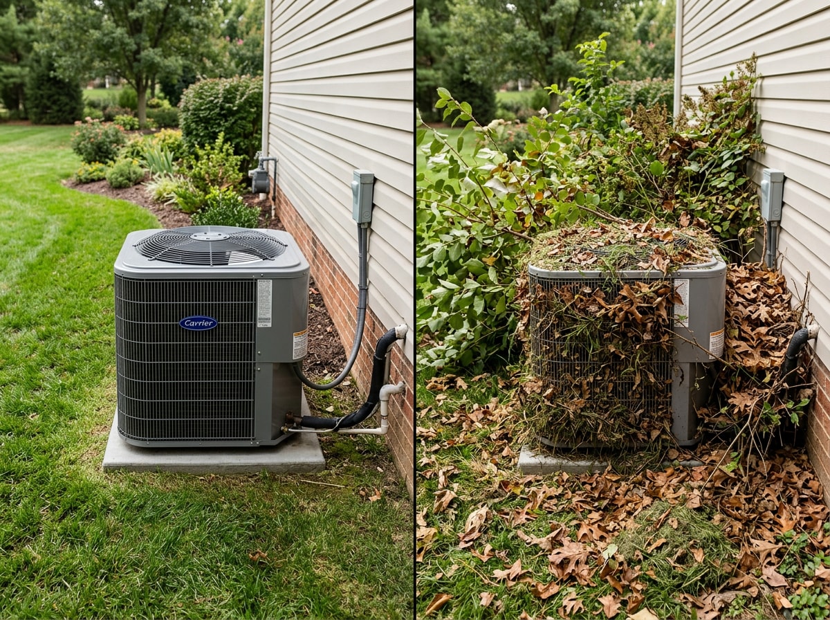 Side-by-side comparison of a clear outdoor AC condenser unit versus one blocked by leaves and yard debris