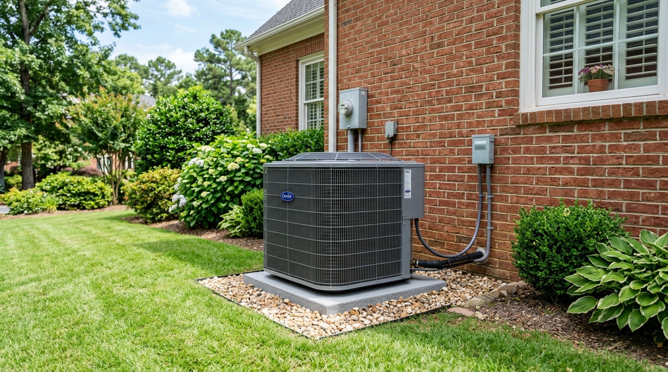 Outdoor AC condenser unit with proper clearance outside a Greensboro, NC home Outdoor AC condenser unit with proper clearance outside a Greensboro, NC home