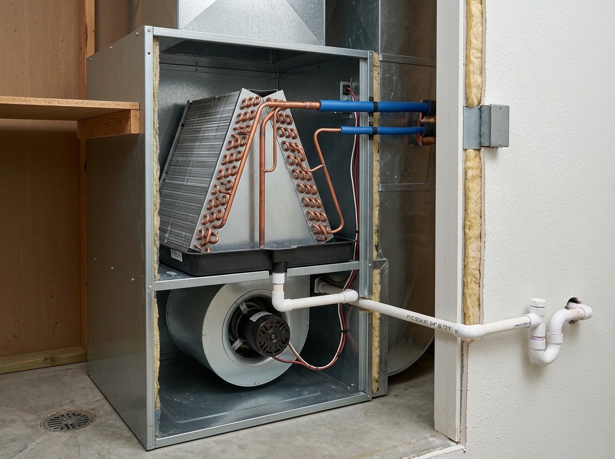 Diagram showing how AC condensation moves from the evaporator coil through the drain pan and condensate drain line