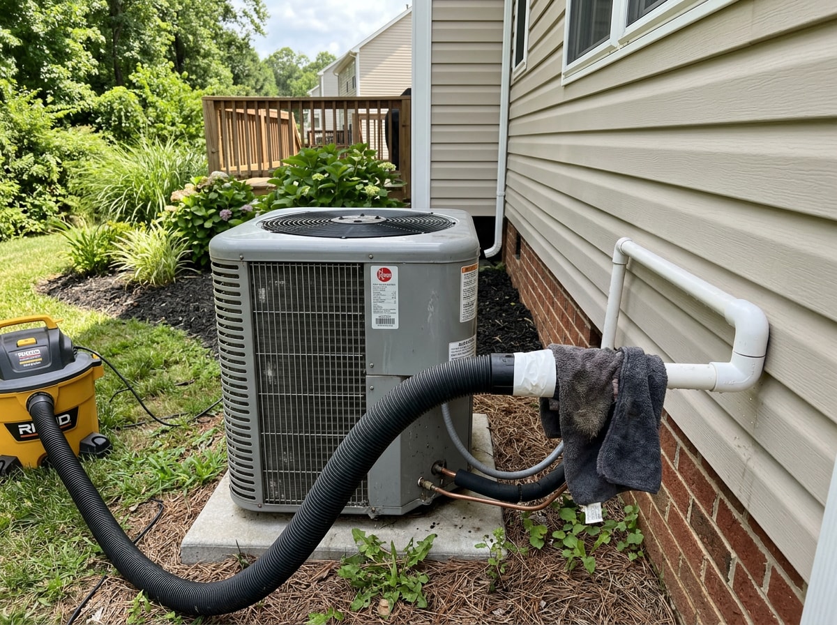Step-by-step wet/dry vacuum method for clearing a clogged AC condensate drain line
