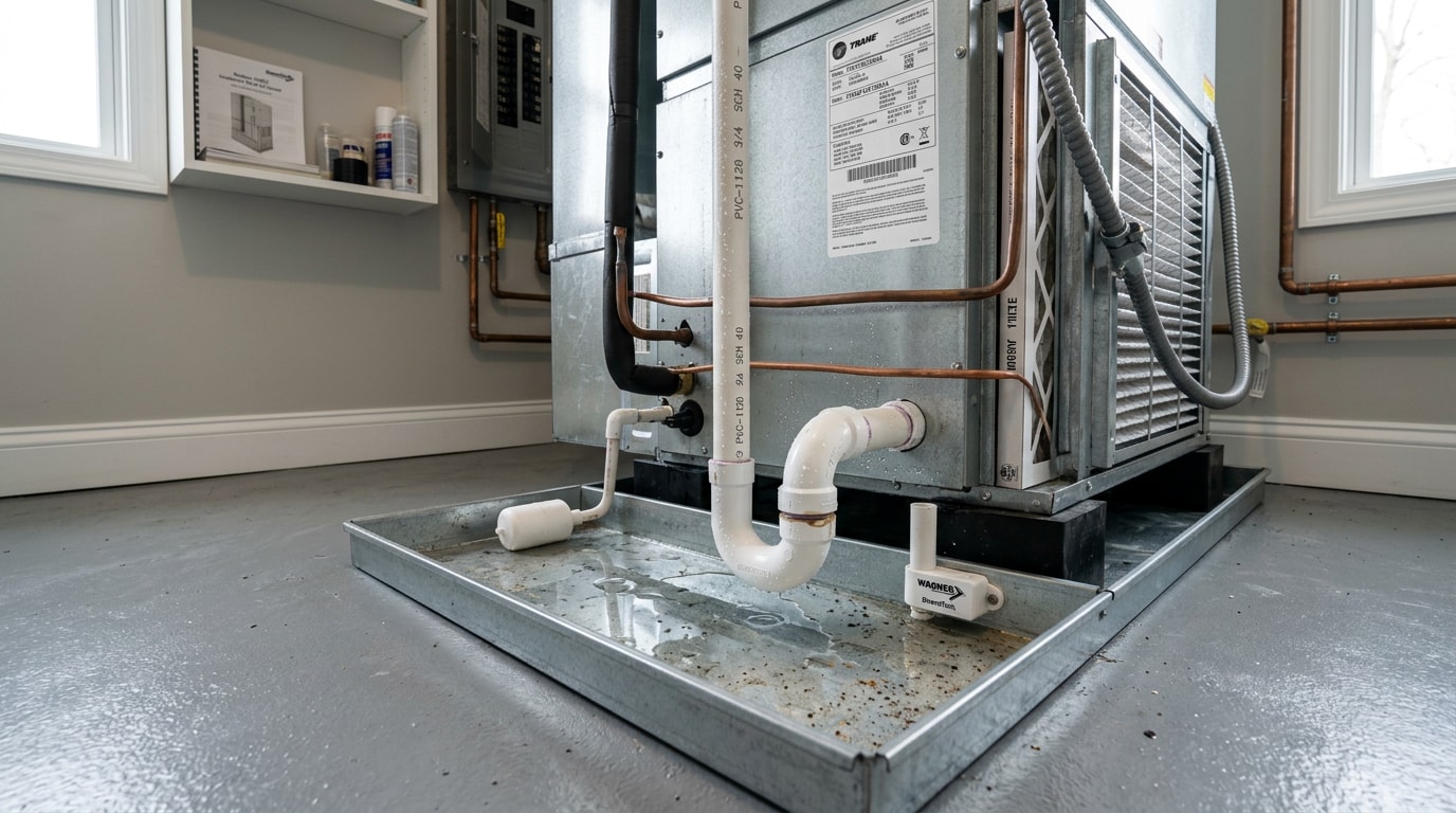 Indoor air handler with condensate drain line and drain pan in a Brown Summit, NC home Indoor air handler with condensate drain line and drain pan in a Brown Summit, NC home
