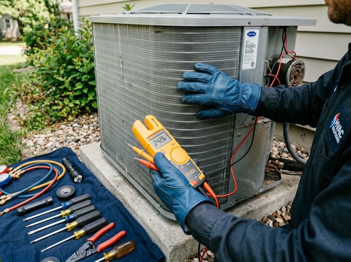 Technician inspecting outdoor AC condenser coils during a maintenance visit
