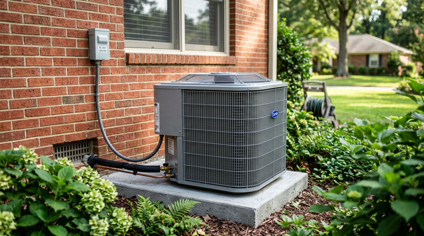 Residential outdoor AC condenser unit maintained at a Kernersville, NC home