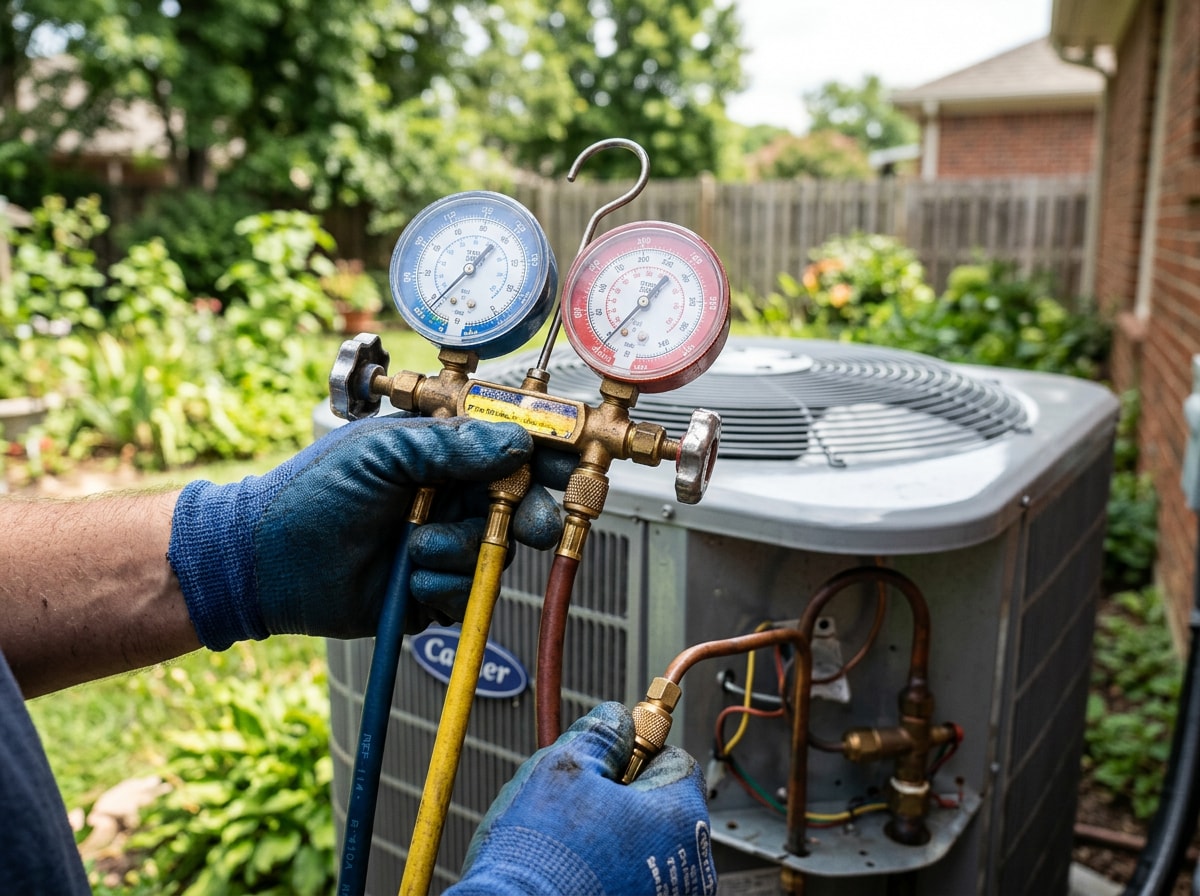 Technician checking refrigerant pressure gauges on an outdoor AC condenser at an Archdale NC home