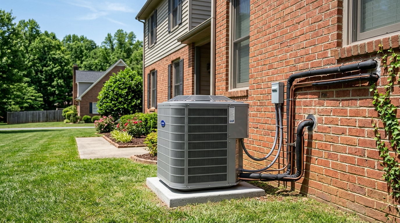 Outdoor AC condenser unit installed beside a brick home in Archdale, NC Outdoor AC condenser unit installed beside a brick home in Archdale, NC