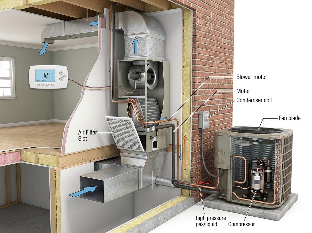 Labeled diagram of a central air conditioner showing the condenser, air filter, and thermostat components for AC troubleshooting