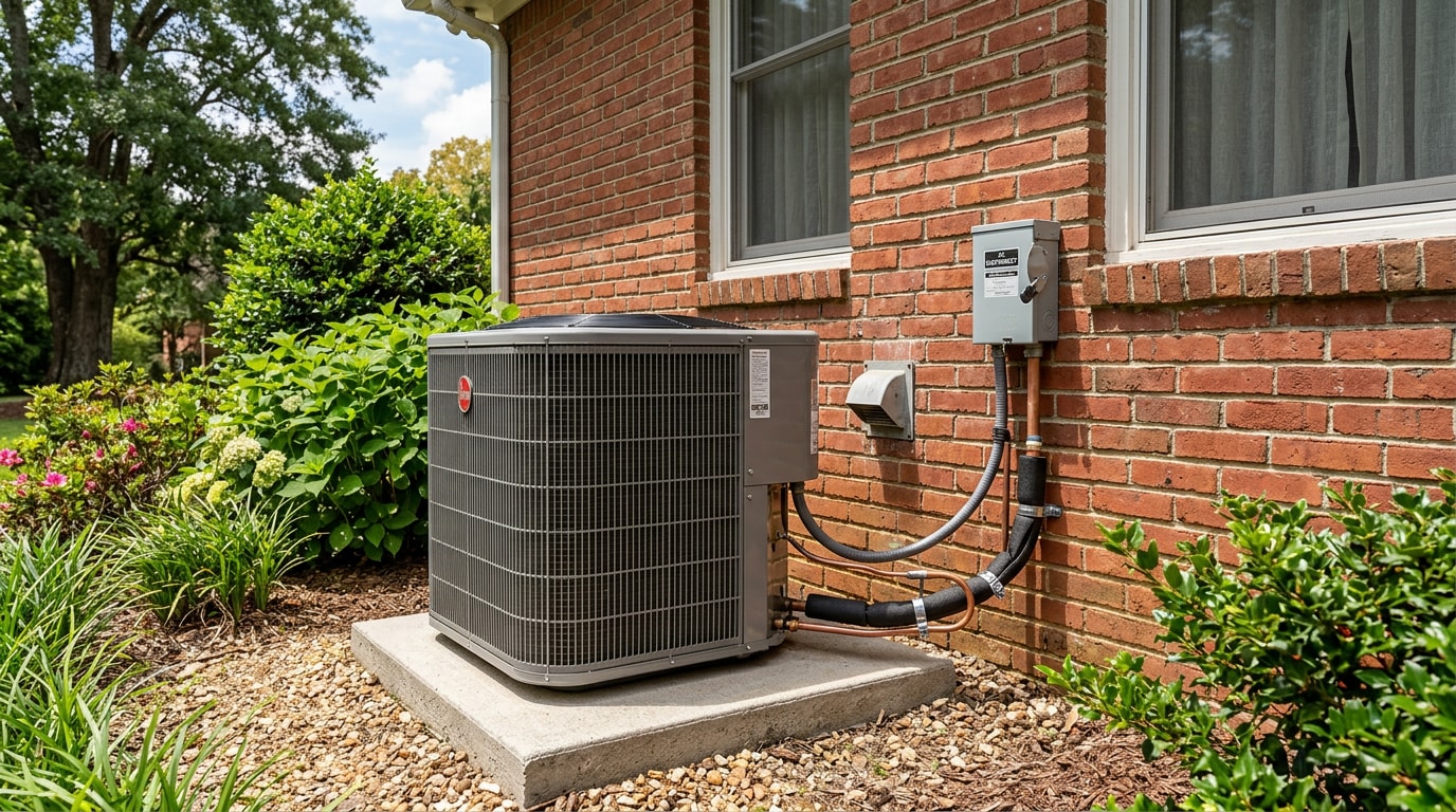 Residential AC condenser unit outside a home in Thomasville, NC Residential AC condenser unit outside a home in Thomasville, NC