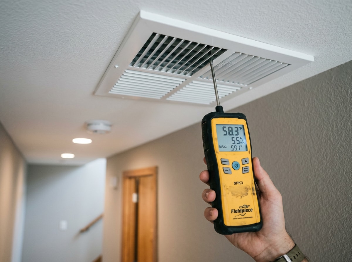 Technician holding a thermometer near a home air conditioning supply vent to check temperature difference