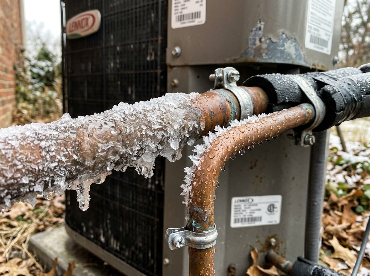 Close-up of frost and ice buildup on a copper refrigerant line outside a home air conditioner