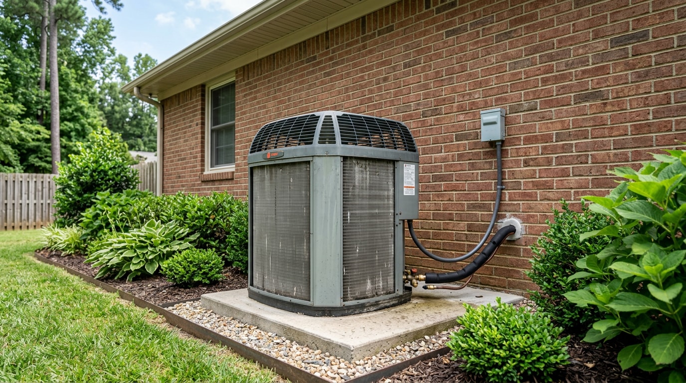 Residential air conditioning condenser unit with visible refrigerant lines outside a Kernersville, NC home
