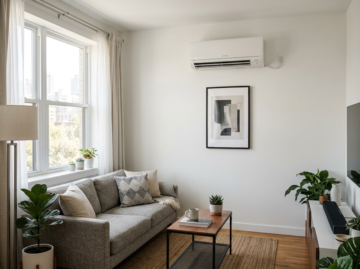 Ductless mini split indoor unit installed on the wall of a small apartment room