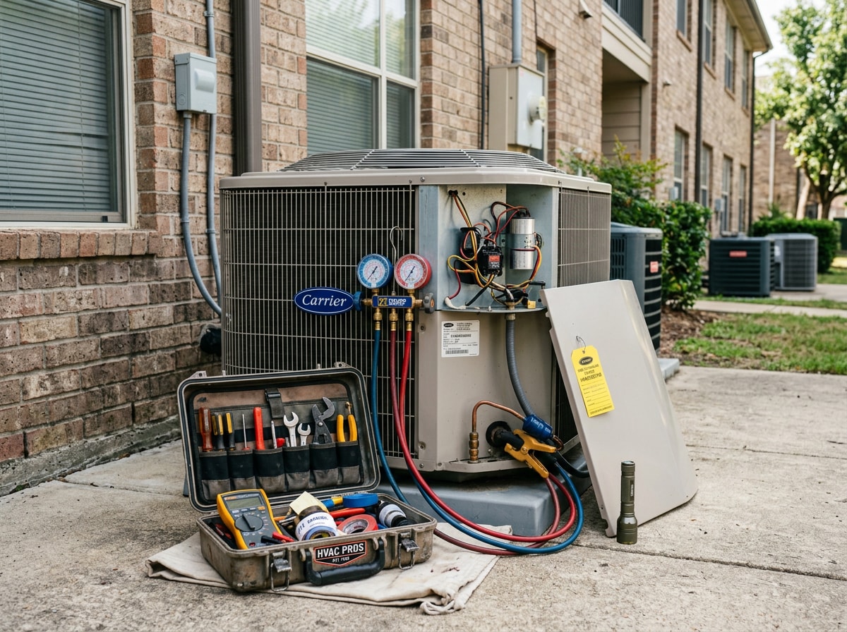 HVAC technician servicing a residential air conditioning unit outdoors