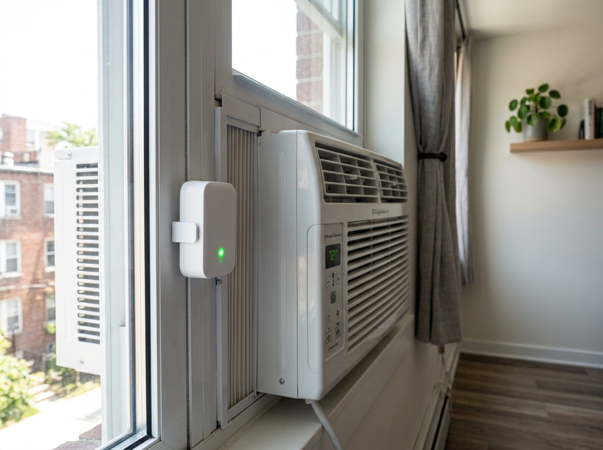 Smart AC controller app interface mounted next to a window air conditioner