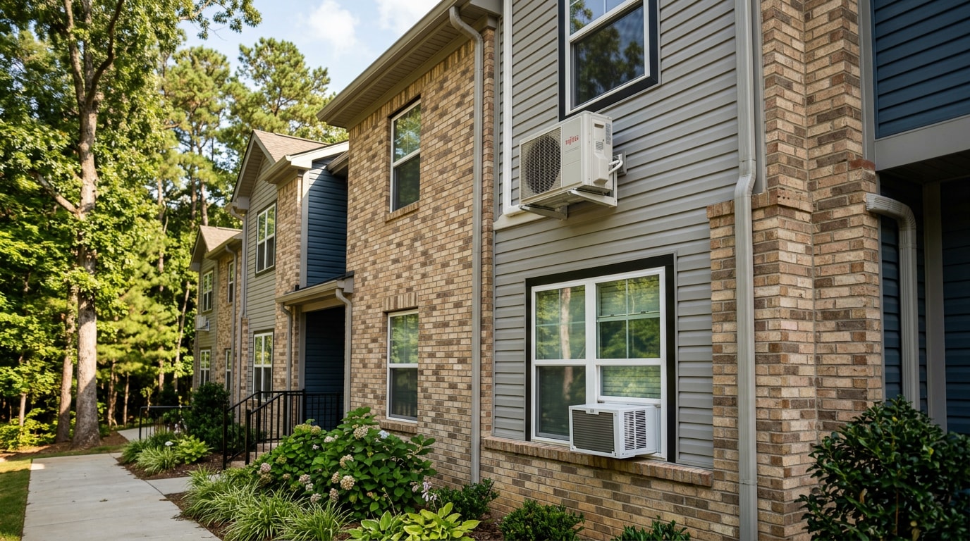Apartment building exterior with a window air conditioner and a ductless mini split condenser installed