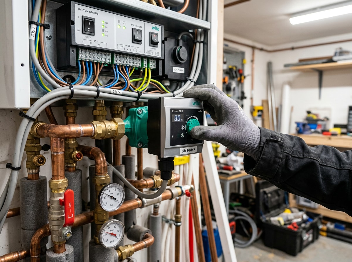 licensed technician inspecting a residential gas boiler's circulator pump and control panel