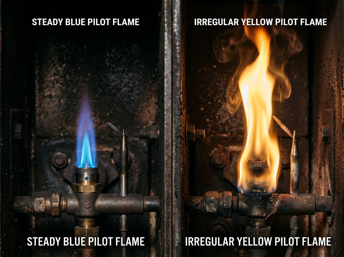 side-by-side comparison of a normal blue boiler pilot flame and a yellow warning flame