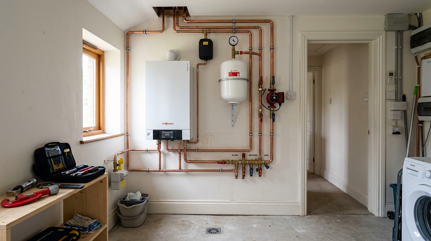 Residential gas boiler and hydronic piping in a Greensboro, NC home utility room Residential gas boiler and hydronic piping in a Greensboro, NC home utility room