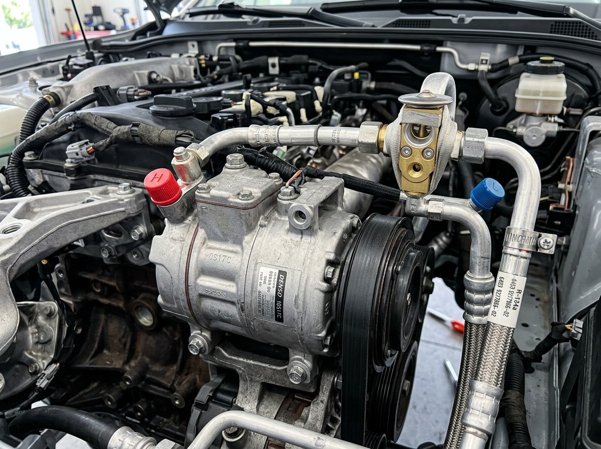 Close-up of a car AC compressor and thermal expansion valve in an engine bay
