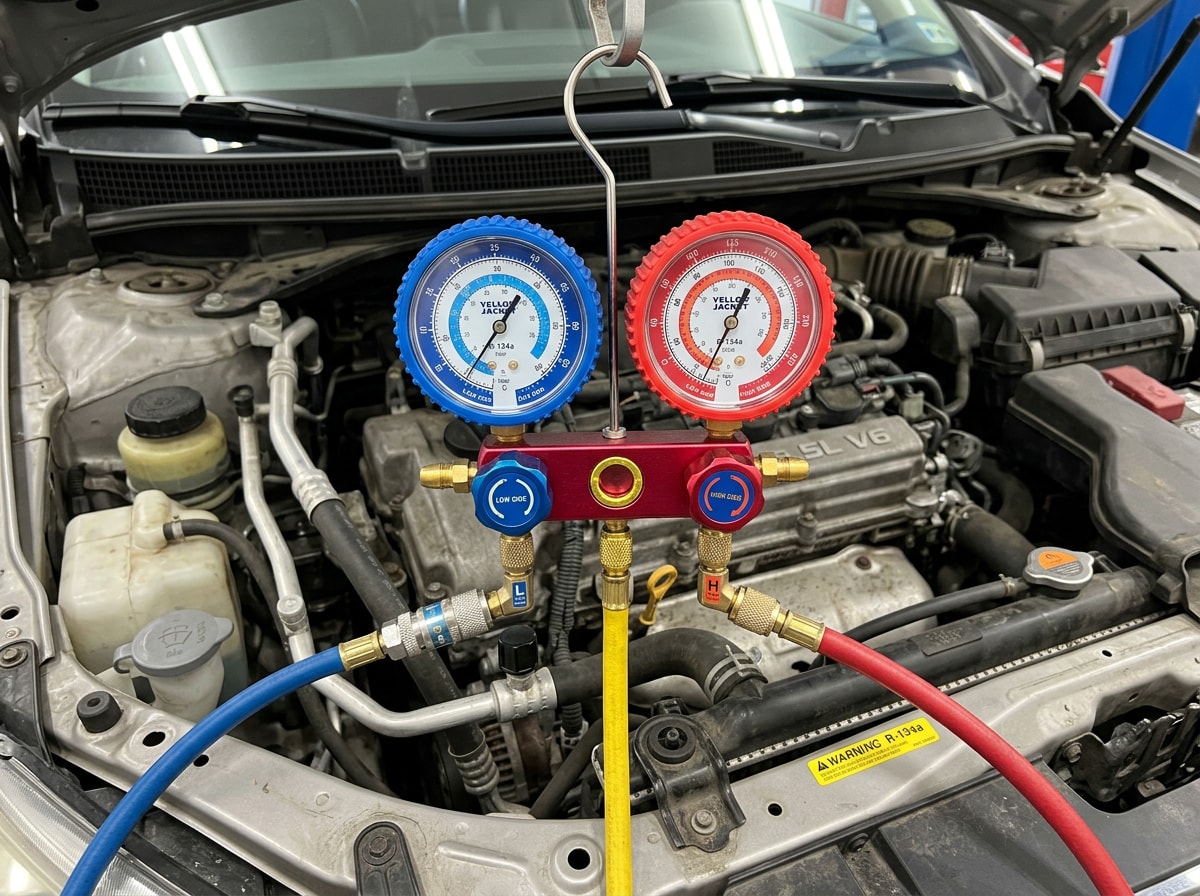 Technician using a refrigerant pressure gauge on a car's AC system