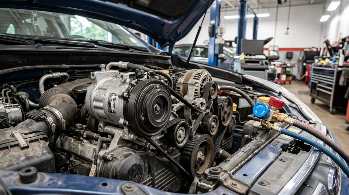 Car air conditioning compressor and refrigerant lines under the hood of a vehicle in Winston-Salem, NC