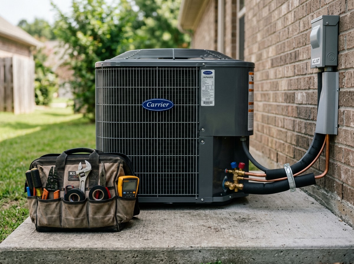 Technician installing an outdoor condenser unit for a central air cooling system in Thomasville, NC