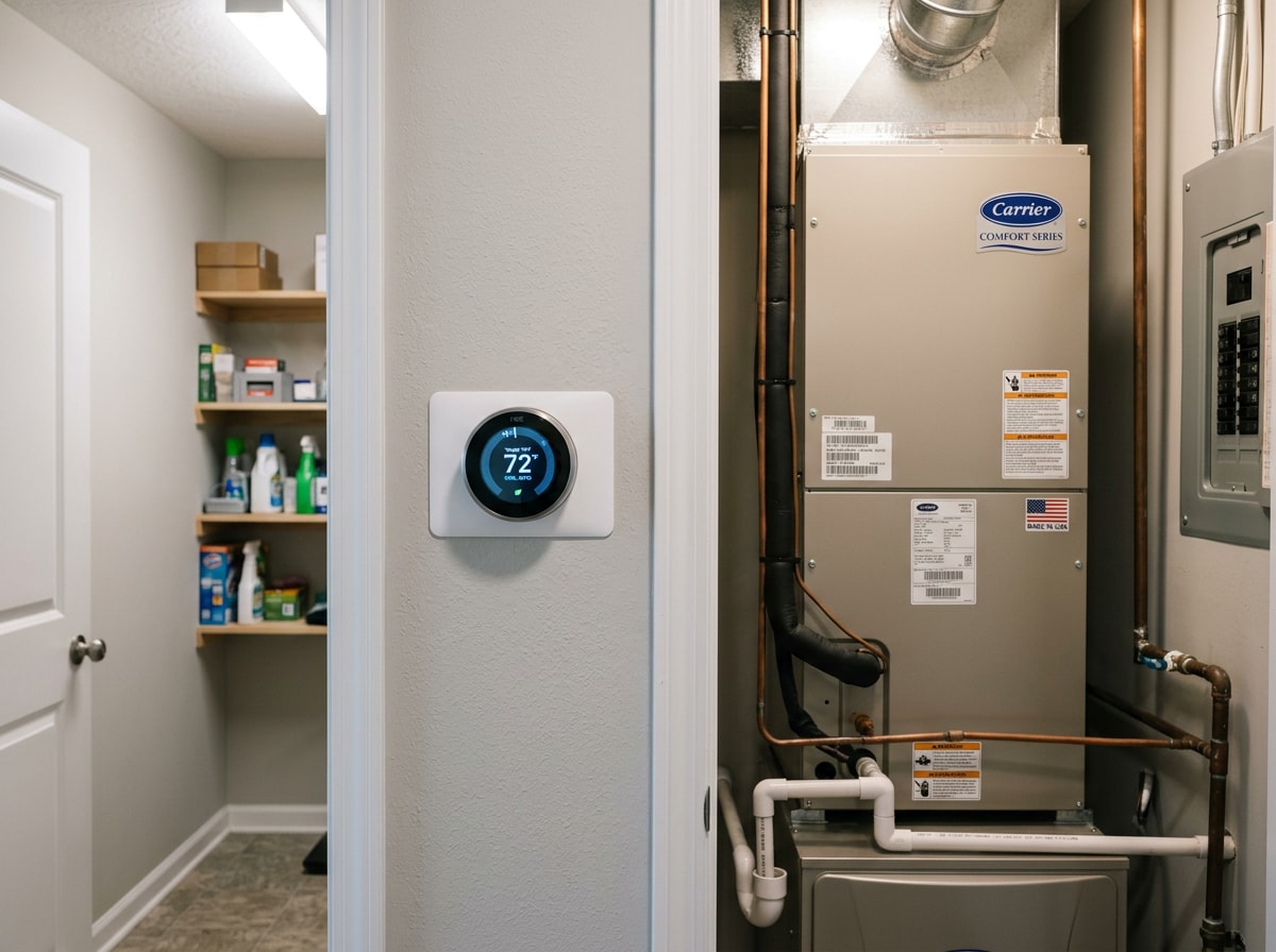 Smart thermostat mounted on a wall next to an air handler unit