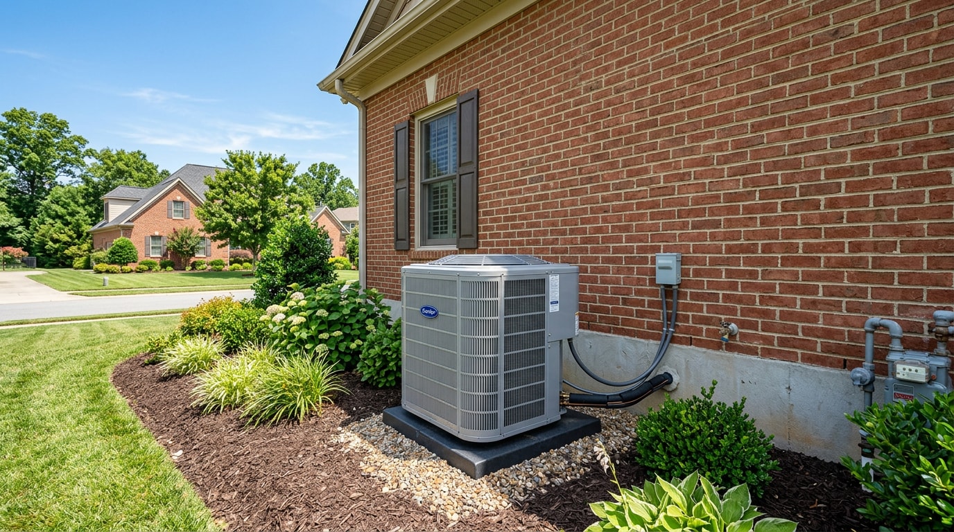 Outdoor central air conditioning condenser unit installed beside a home in Thomasville, NC