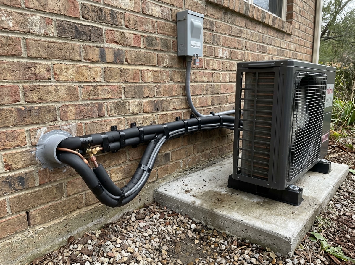Outdoor ductless mini-split compressor mounted on a concrete pad beside a home, with refrigerant line set running to the wall