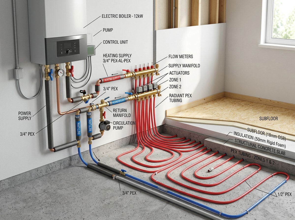 Diagram of an electric boiler connected to radiant floor heating tubing in a residential home