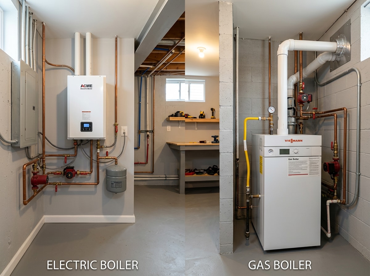 Comparison infographic showing install cost, efficiency percentage, and monthly operating cost for electric versus gas boilers