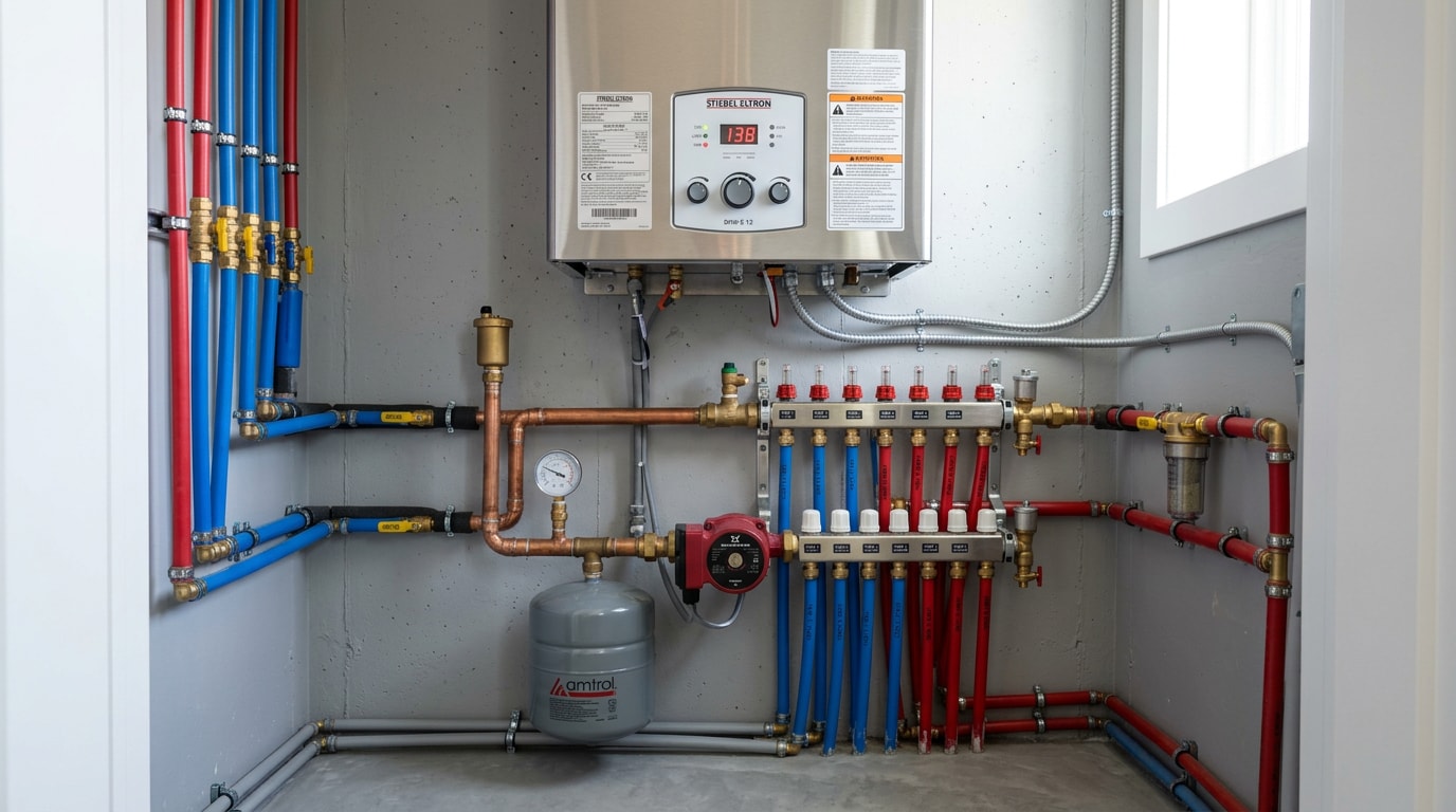 Electric boiler installed in a residential mechanical closet for radiant heat