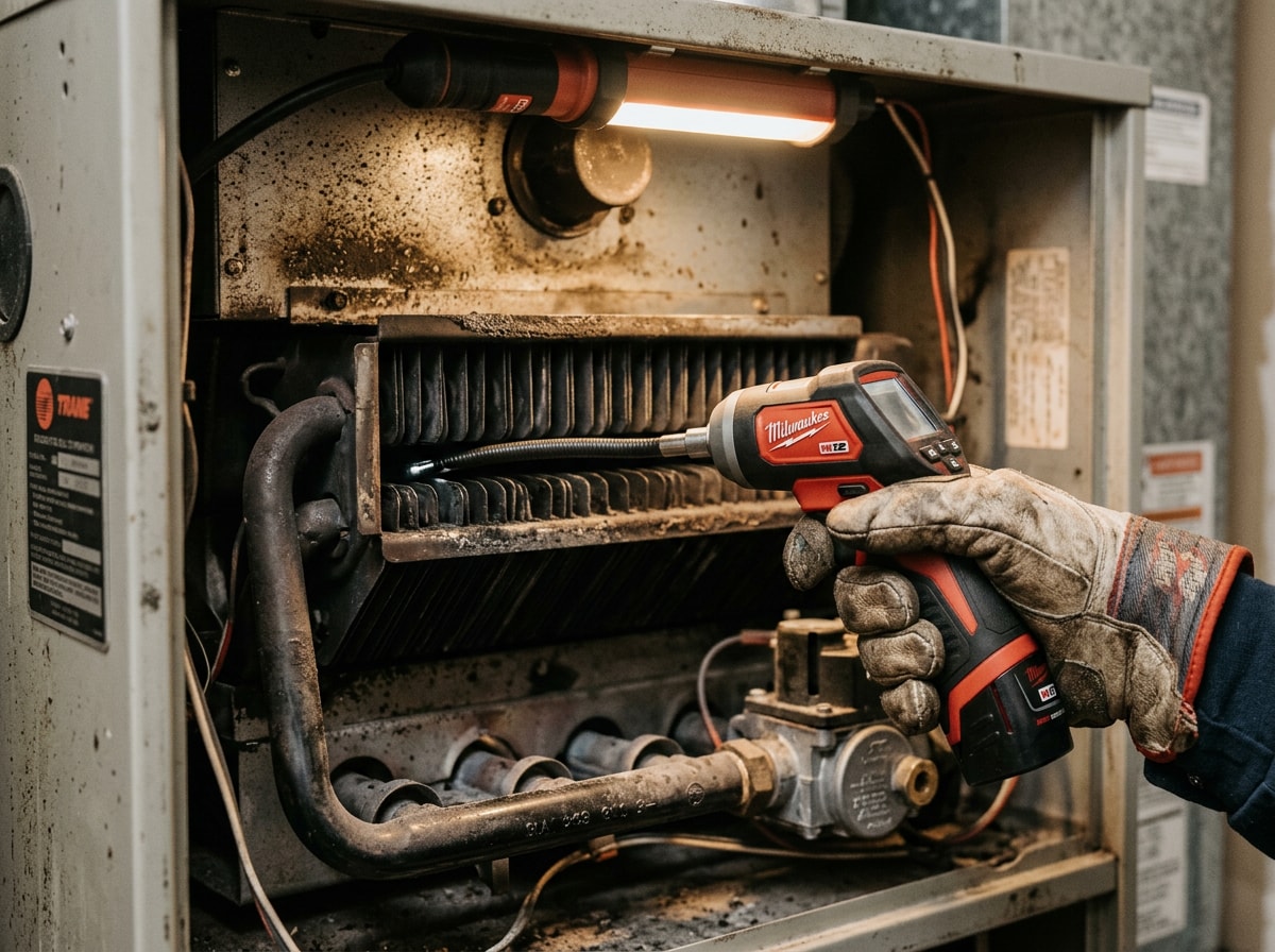 HVAC technician inspecting a furnace heat exchanger during a tune-up checklist