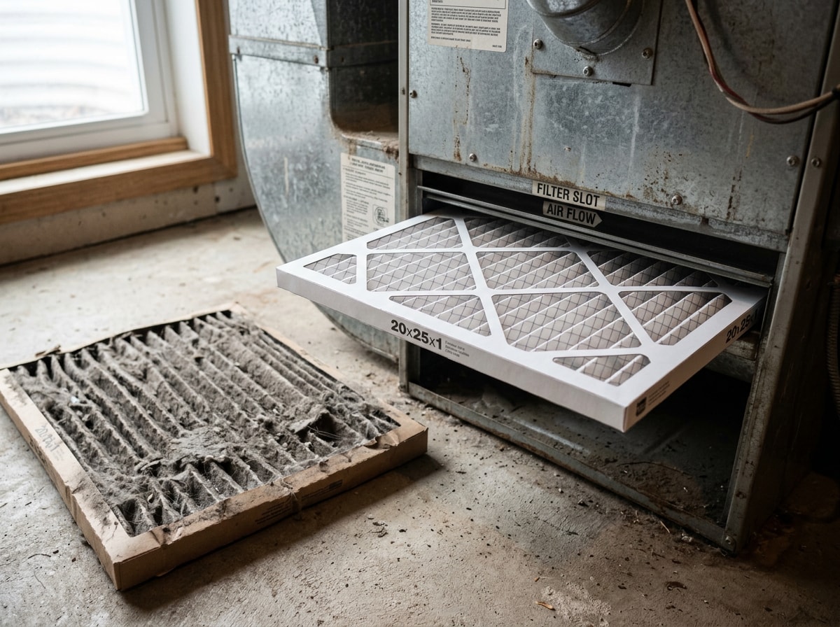 Technician replacing a furnace air filter as part of routine maintenance