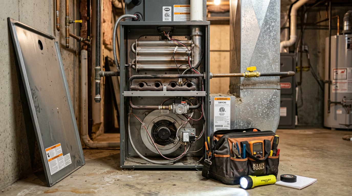 Residential gas furnace with access panel open ready for maintenance inspection