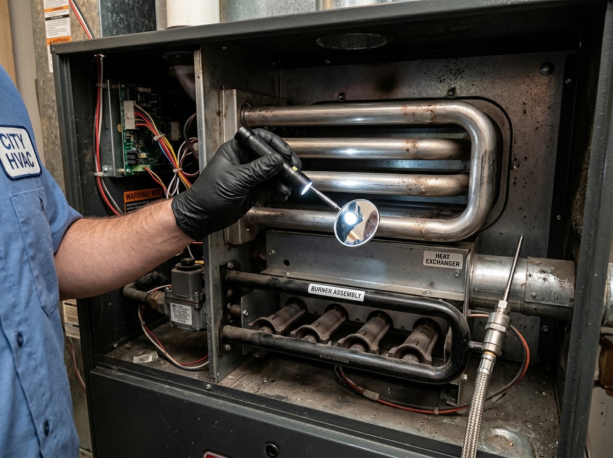 Technician inspecting a gas furnace heat exchanger during a heating maintenance visit in Jamestown, NC