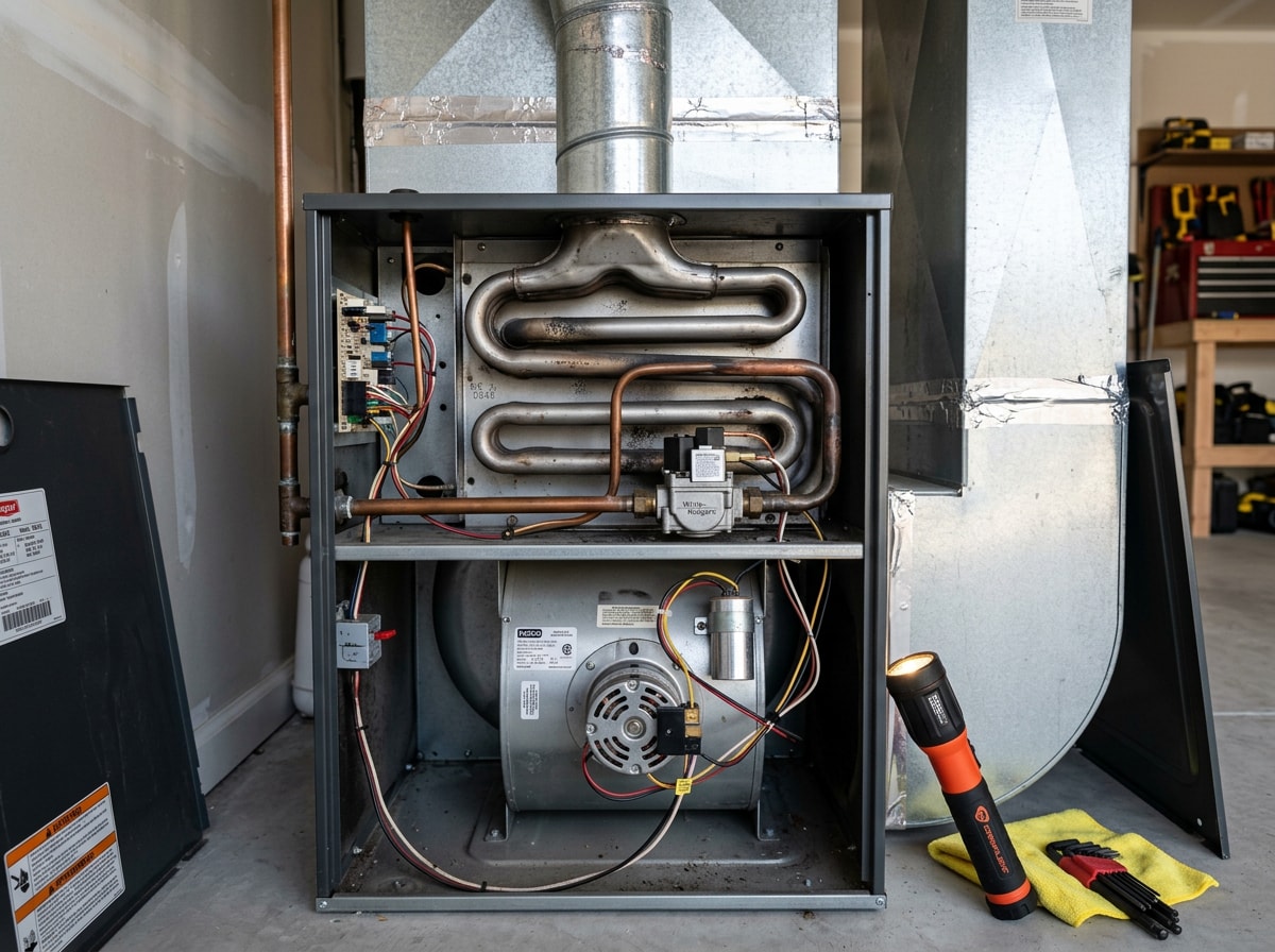 HVAC inspector checking a furnace and visible ductwork in a Jamestown, NC home