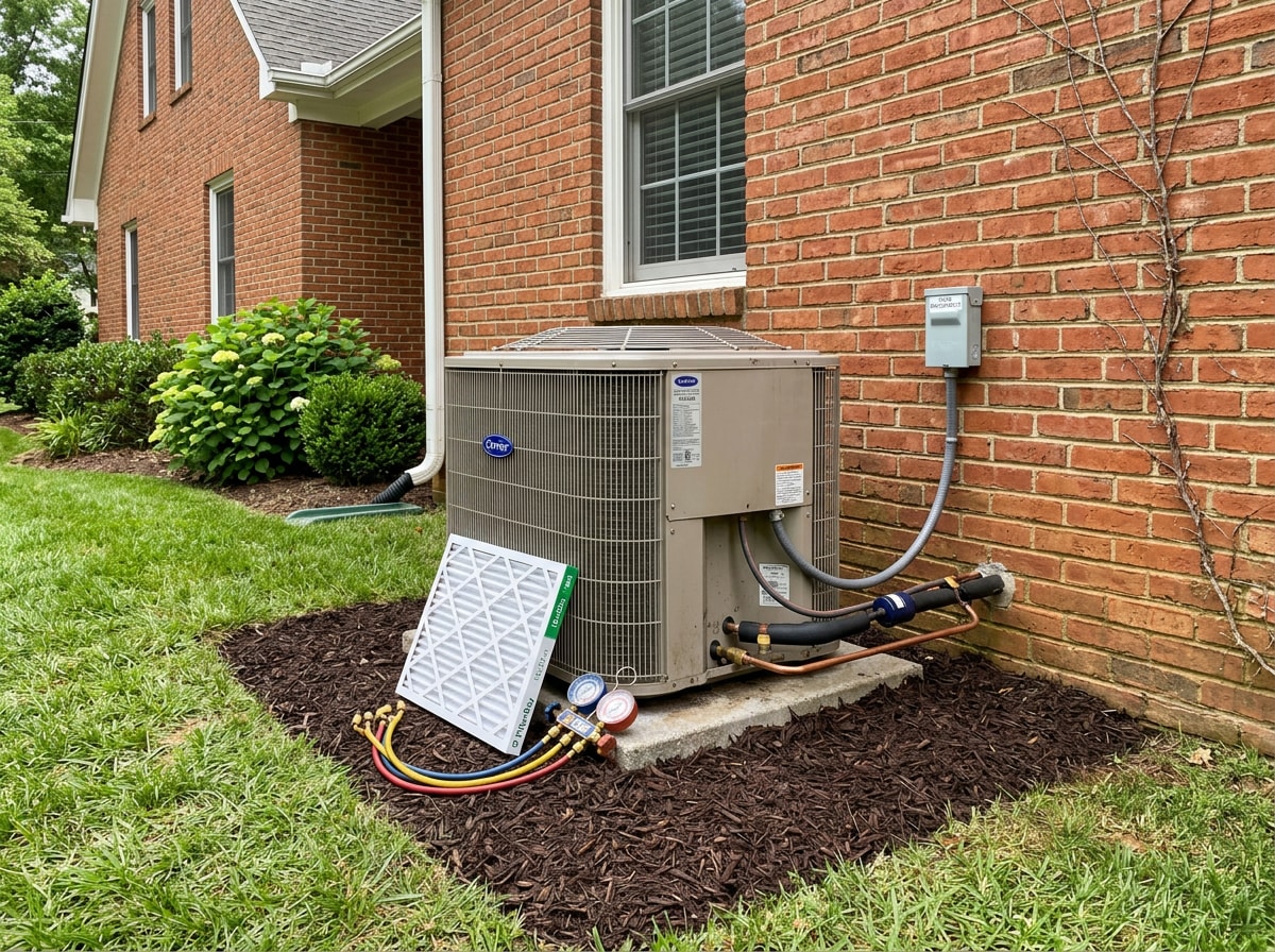 Technician performing seasonal HVAC maintenance on an outdoor condenser unit in Jamestown, NC