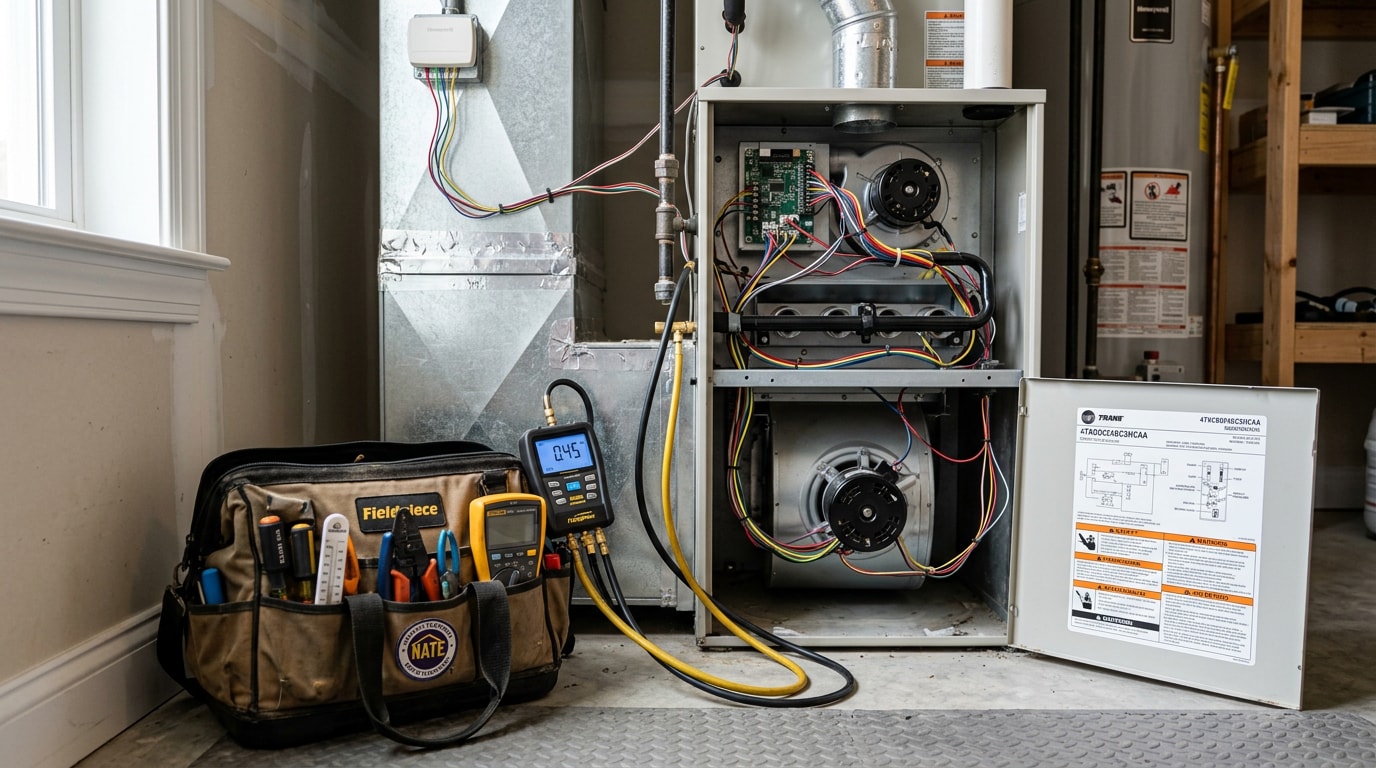 Open furnace access panel with HVAC inspection tools in a Jamestown, NC home Open furnace access panel with HVAC inspection tools in a Jamestown, NC home