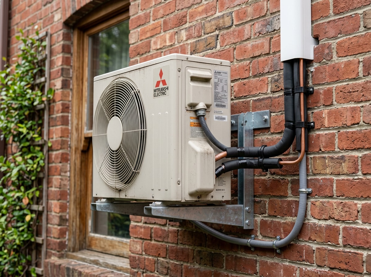Outdoor mini split condenser unit mounted on a wall bracket beside a brick Greensboro home