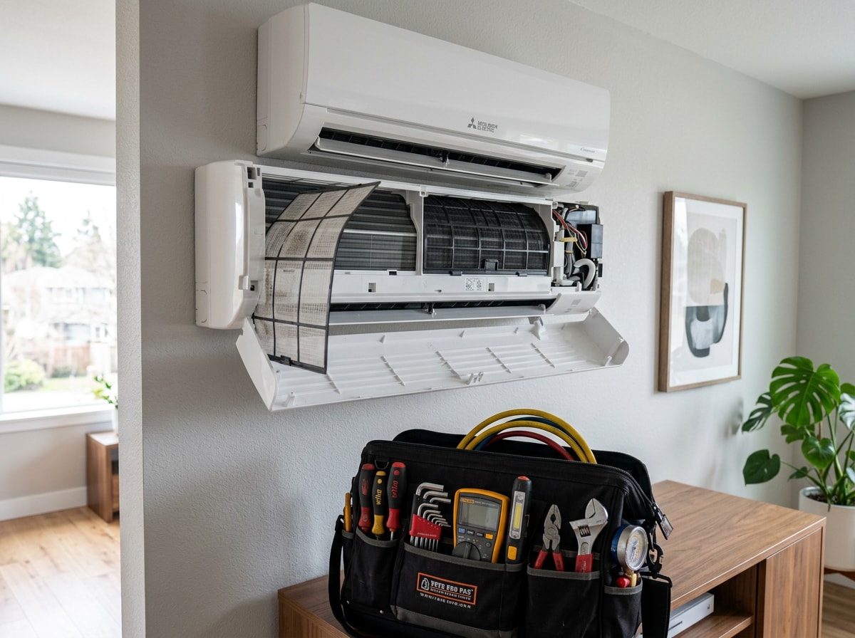 Technician servicing an indoor wall-mounted mini split unit during a routine maintenance visit