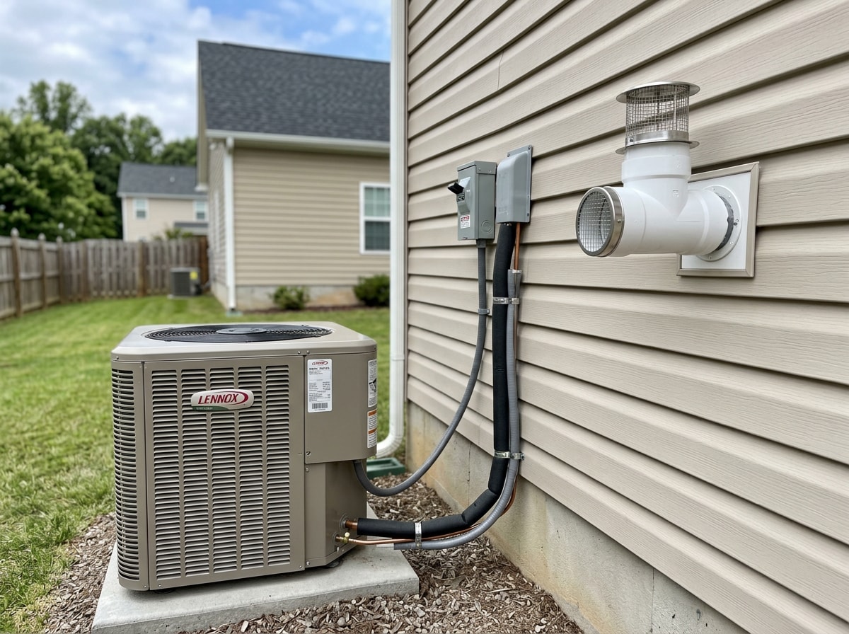 Outdoor heat pump condenser installed beside a home next to a gas furnace vent, representing a heating system efficiency comparison