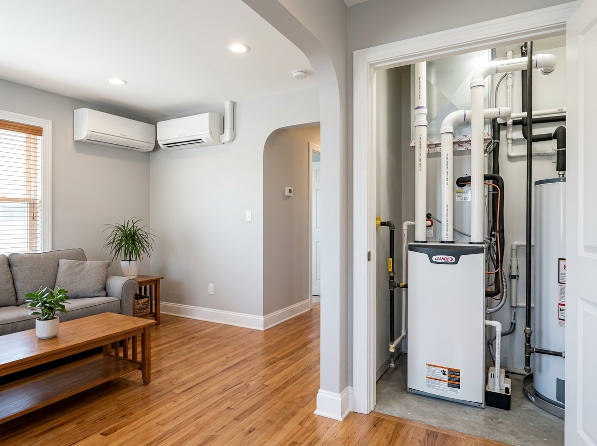 Side-by-side comparison of a ductless mini-split indoor head and a condensing gas furnace installed in the same home