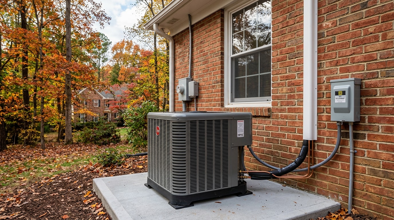 Modern heat pump condenser installed outside a Brown Summit, NC home