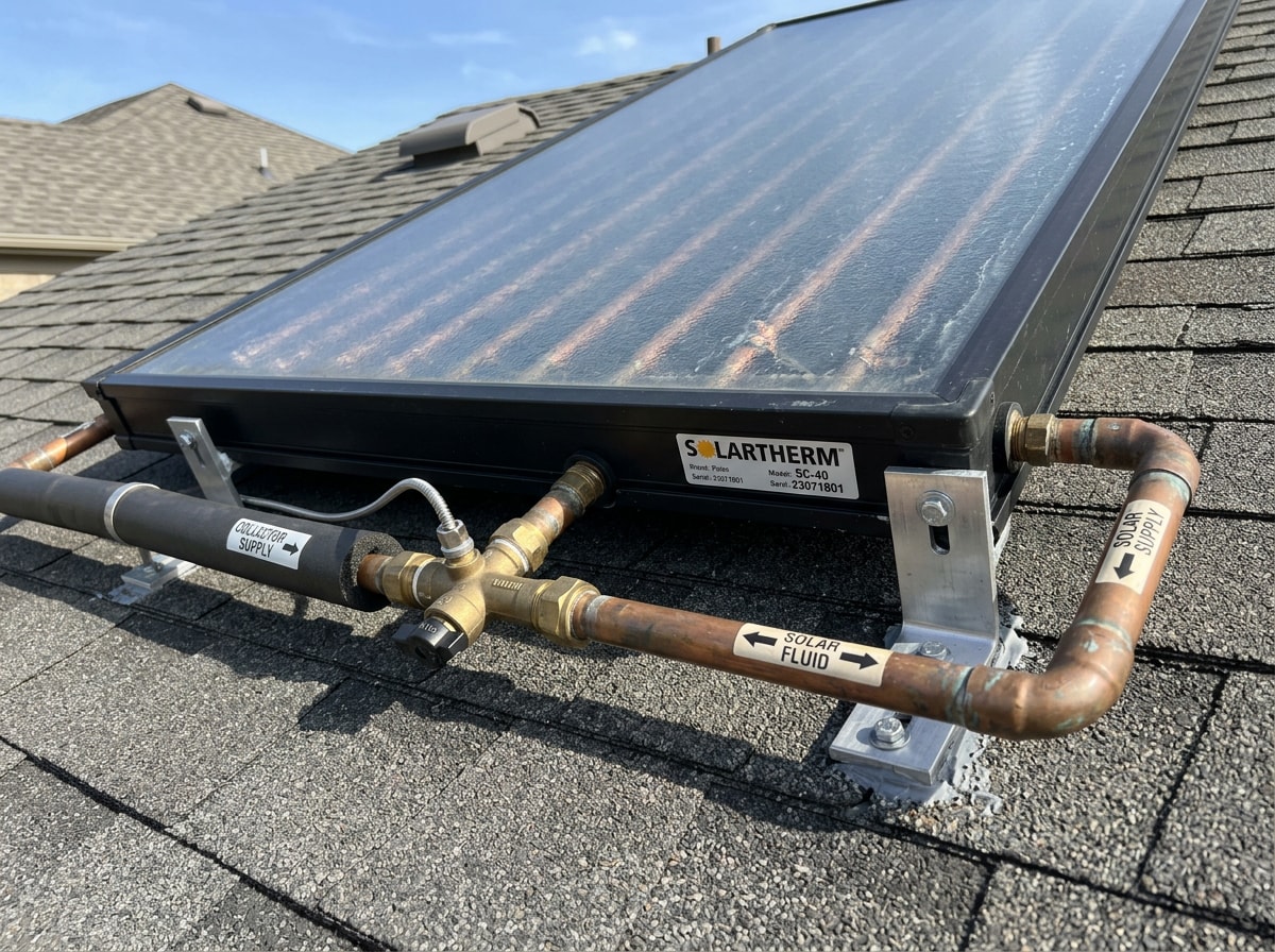 Active indirect solar thermal collector panels mounted on a residential asphalt shingle roof with visible copper piping
