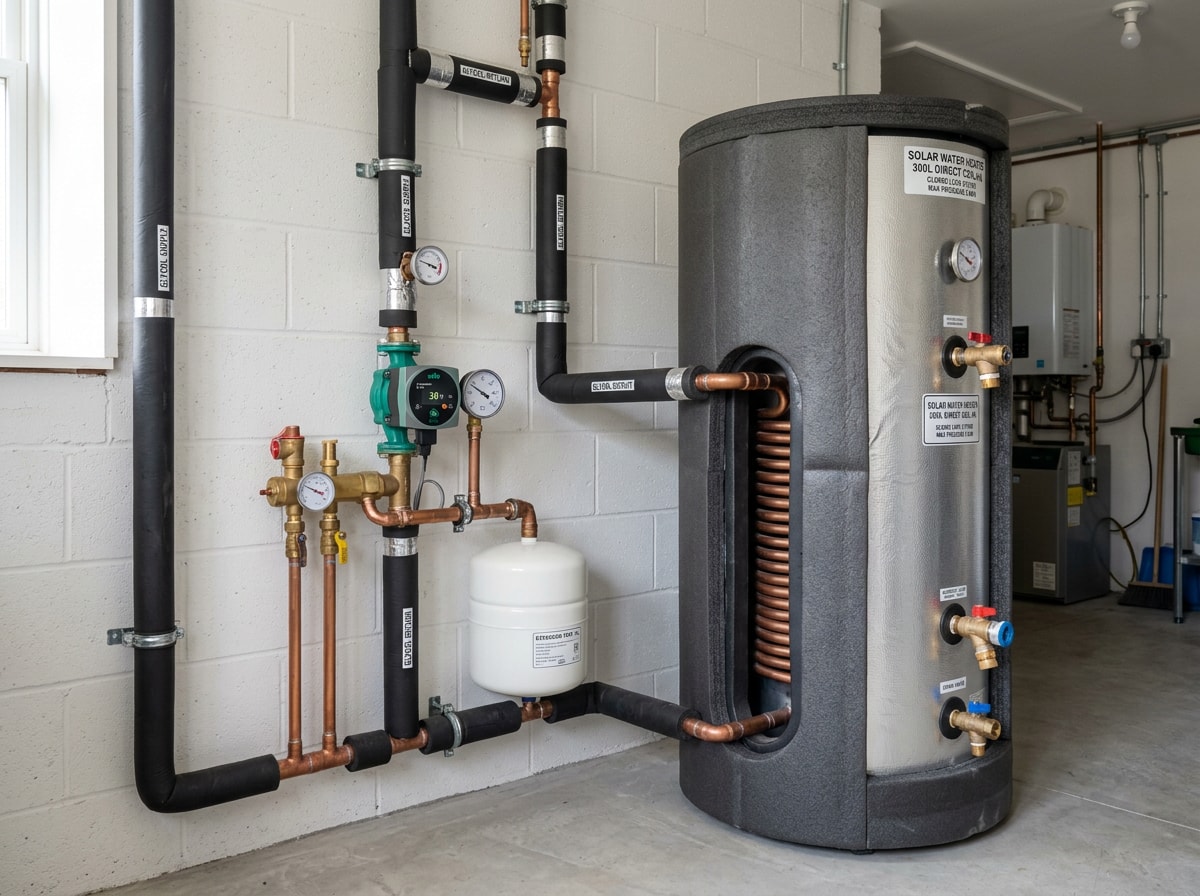 Closed-loop solar water heater storage tank with glycol heat exchanger and insulated piping in a residential mechanical room