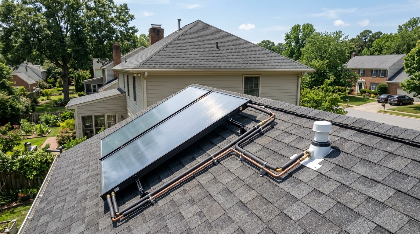 Solar water heating system installed on a residential roof in High Point, NC