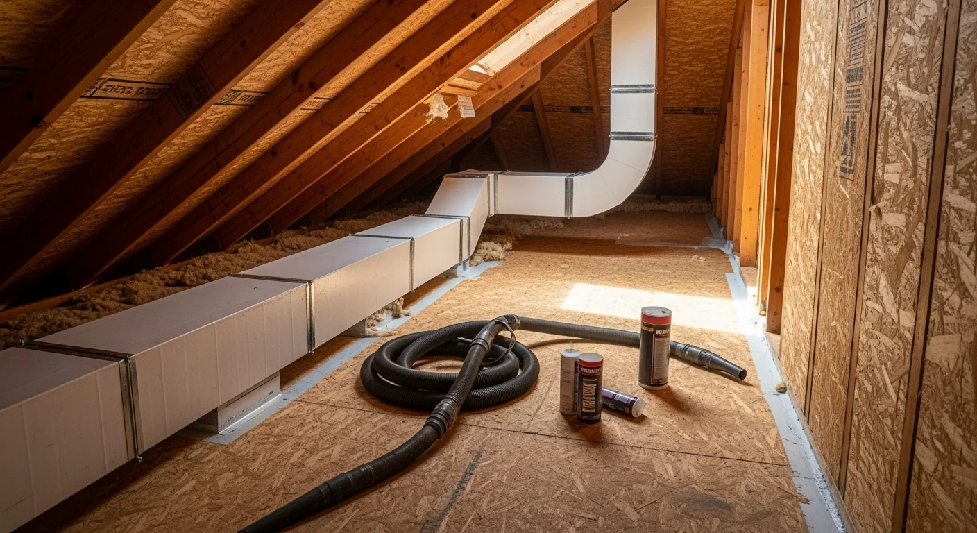 HVAC technician sealing and inspecting ductwork in attic space